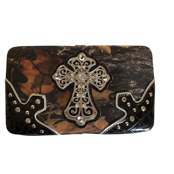 Western Style Camouflage Wallet Cross Design Rhinestones Studded - Picture 1 of 5
